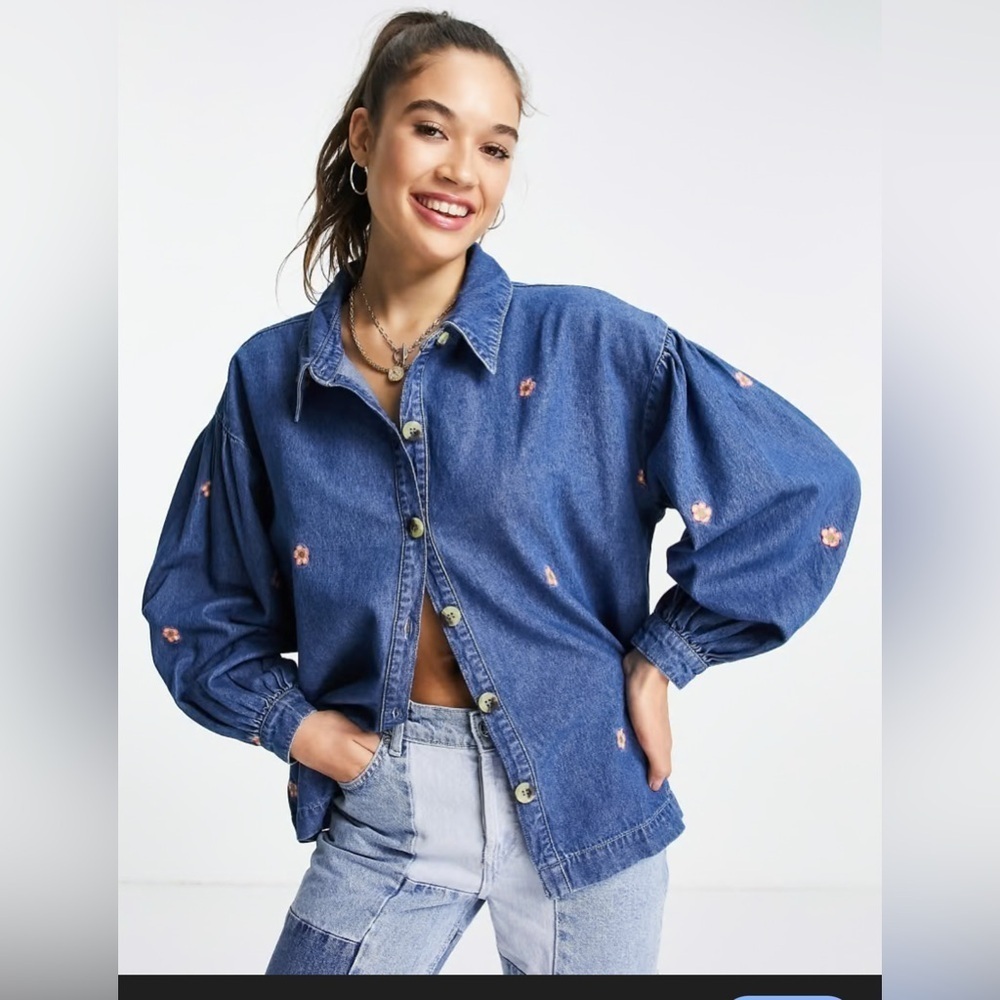 Native Youth Oversized Denim Shirt Flower Embroidery Cottagecore Festival,XS